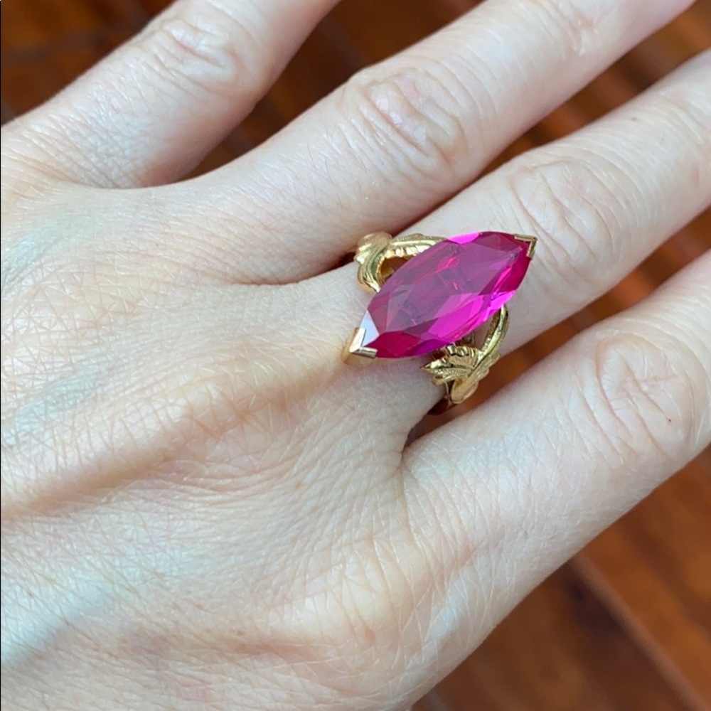 14K Solid Real Gold Red Marquise Women Ring